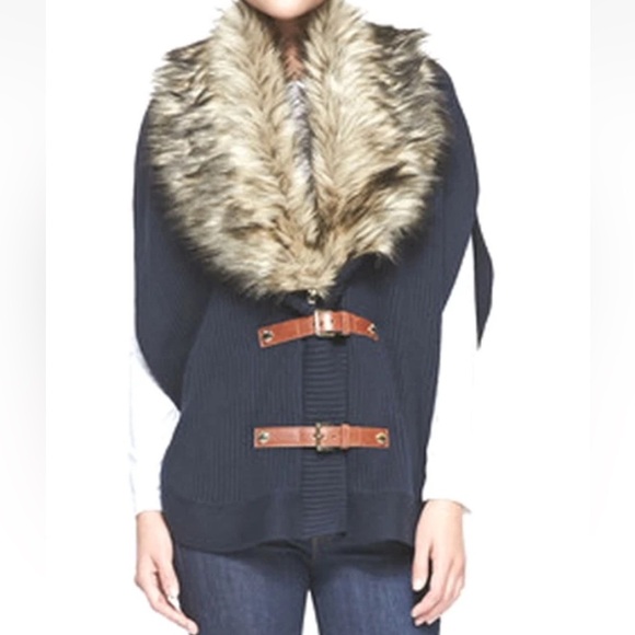 MICHAEL KORS ANGORA BLEND FUR COLLAR BUCKLE SWEATER NAVY BLUE SIZE MEDIUM - Picture 4 of 14